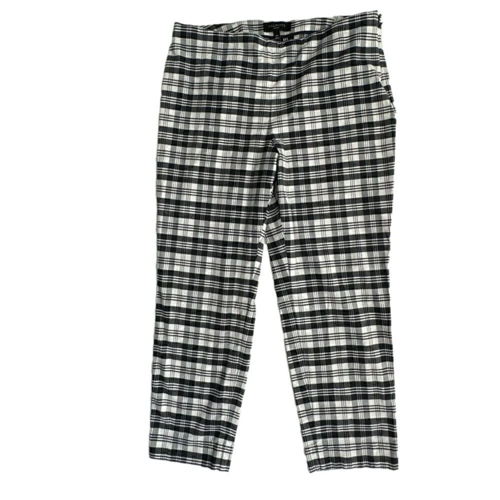 Talbots Black White Slacks Flat Front Checkered SZ 12P